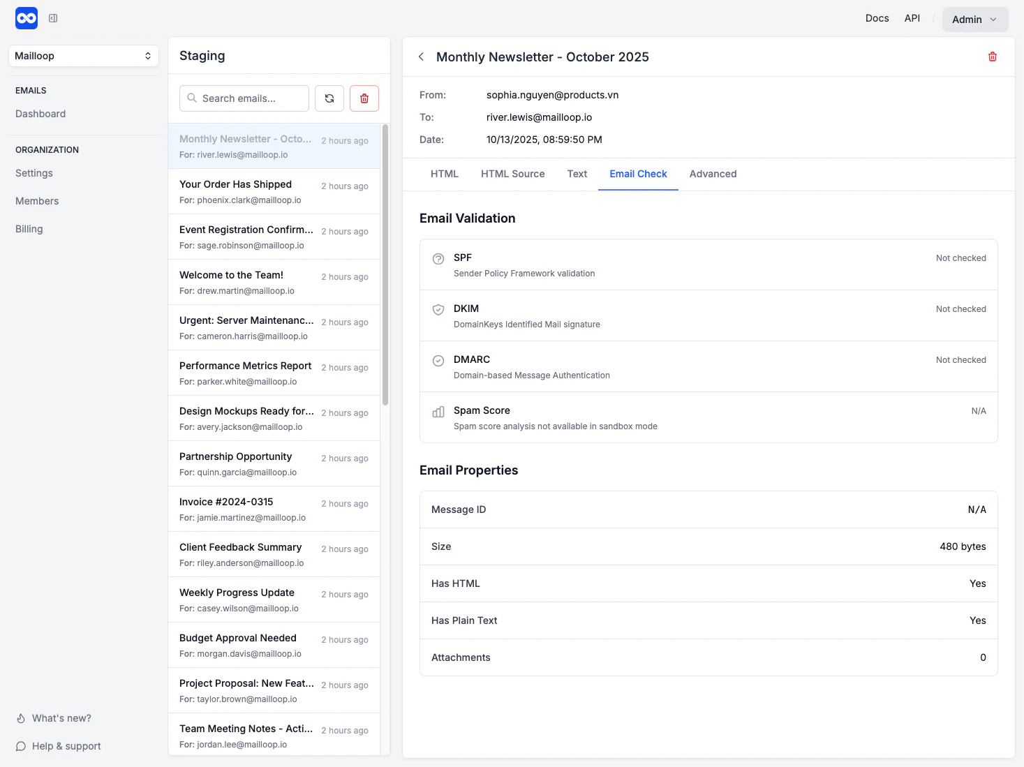 Screenshot of Mailloop app interface