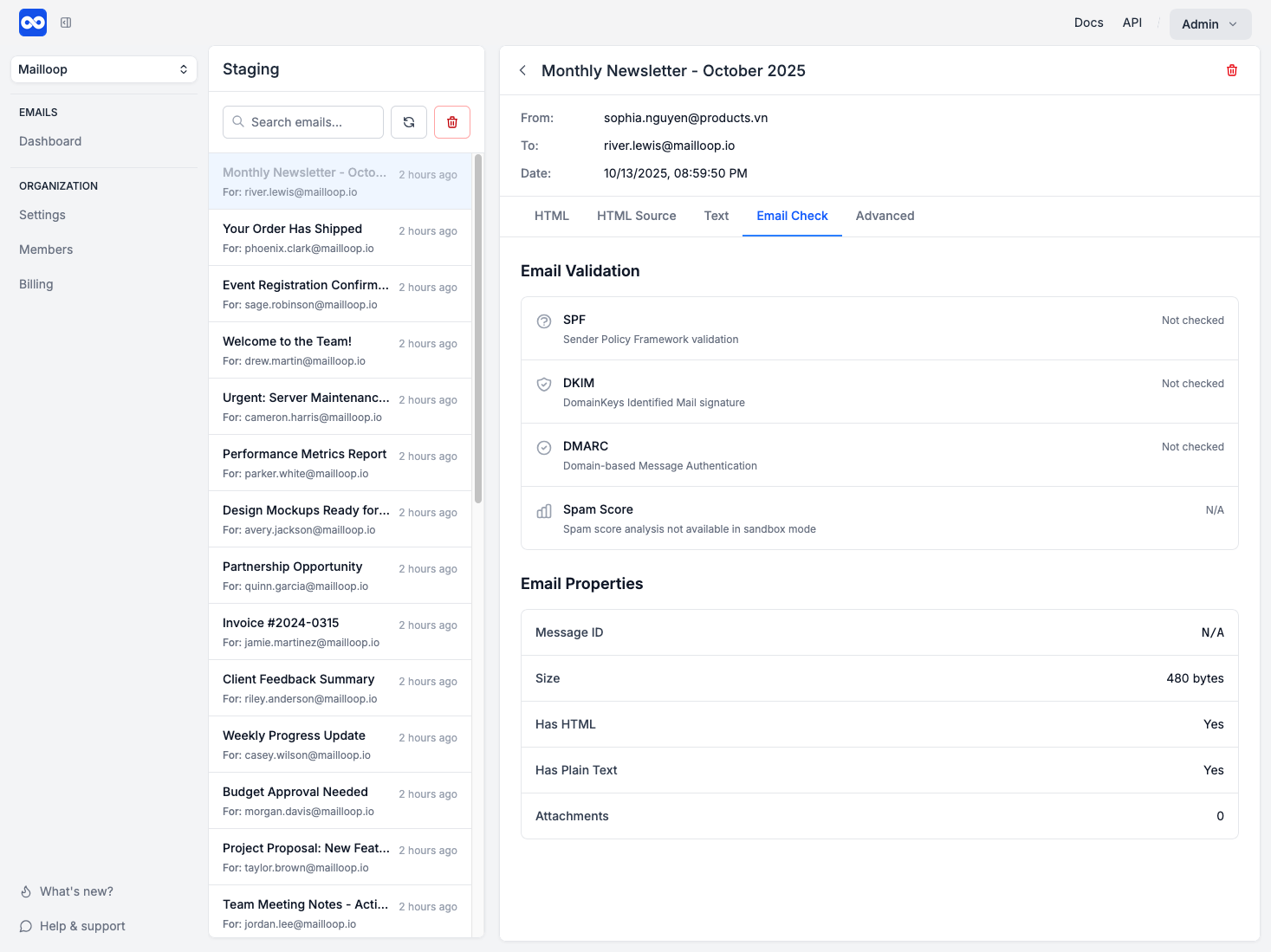 Screenshot of Mailloop app interface