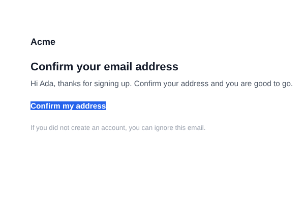 The same email rendered in Outlook classic for Windows: no card, and the button reduced to highlighted text