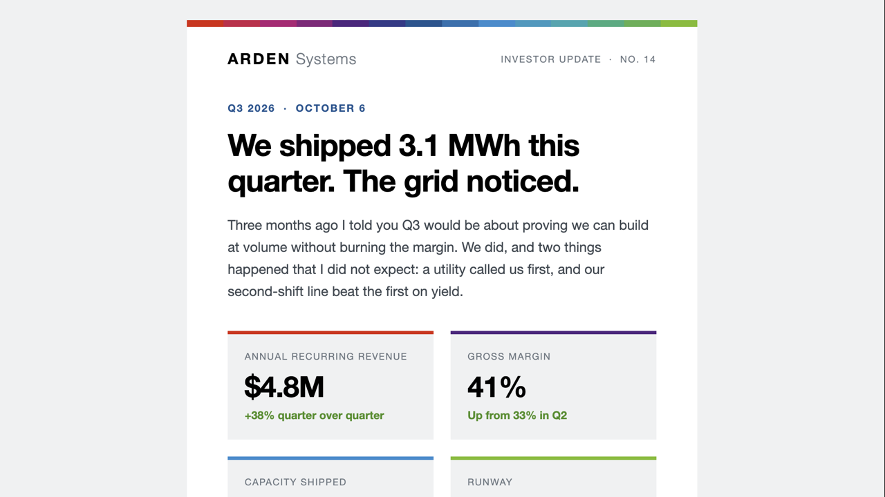 An investor update email rendered in Gmail on the web, light theme
